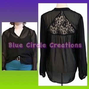 L8teR Black Long Sleeve Sheer Button Down Hi-Lo Top 
•Size Medium